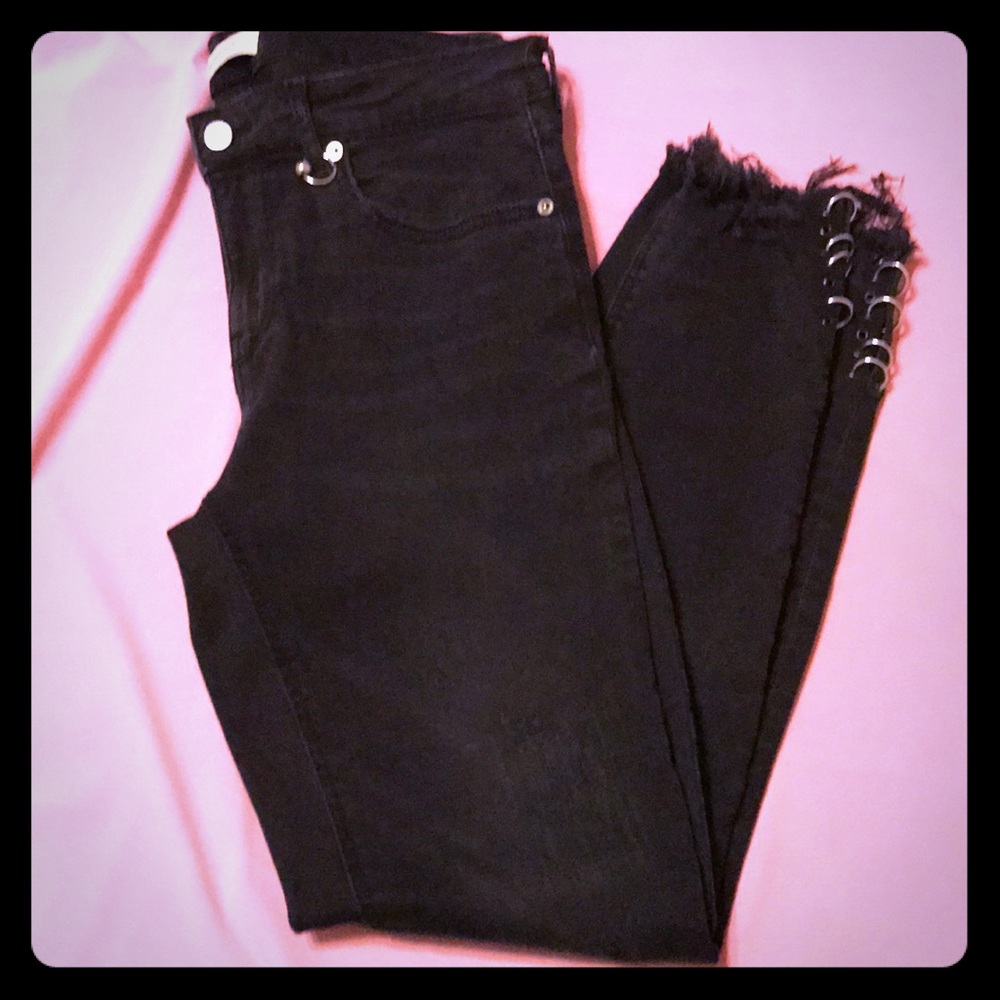 Zara Black Distressed Jeans with metal ring detail